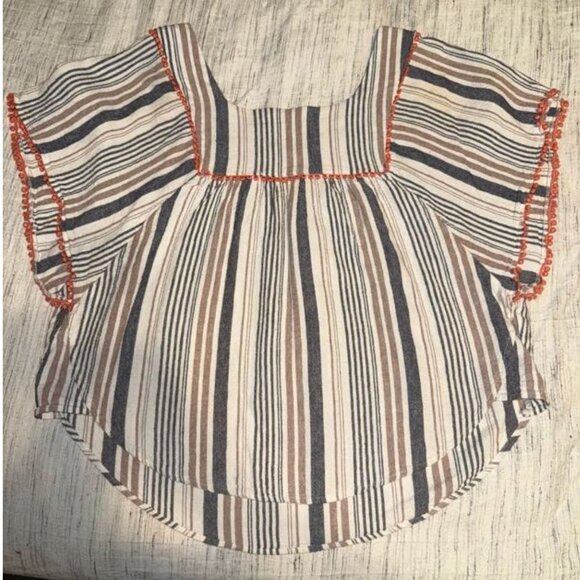 For Cynthia Striped Square Neck Linen Blend Top Blouse Size L - Picture 1 of 3